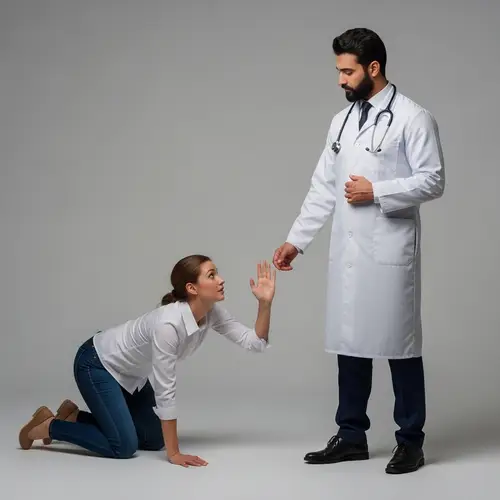 Middle-Eastern Male Doctor Assisting Caucasian Female Patient