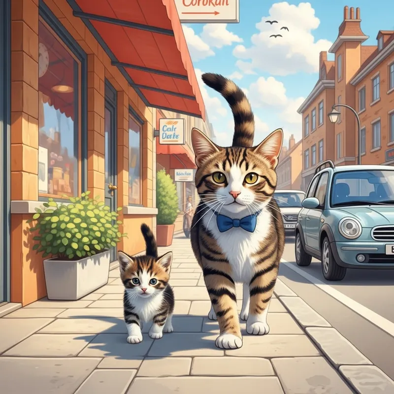 Heartwarming Kitten and Father Cat Stroll in Vibrant Pastel Scene