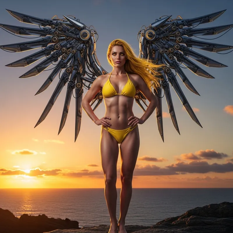Golden-Eyed Woman in Bikini with Machine Wings - Striking Photo