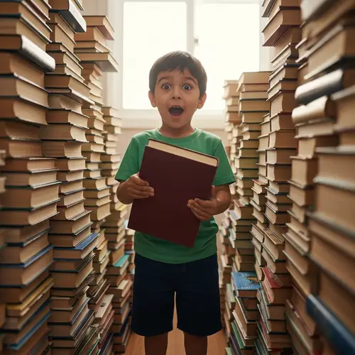 Young Boy Enthralled by Giant Book Stacks | Bookworm Adventure
