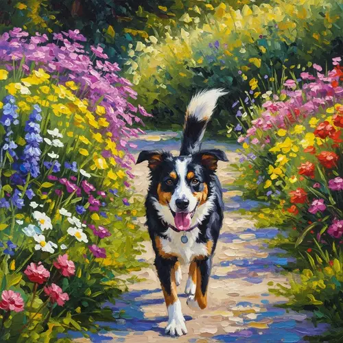 Colorful Impressionistic Dog in Vibrant Garden Photo