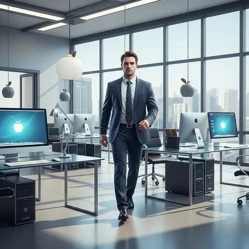 Contemporary Technology Office Illustration with Symbolic Apple Motifs