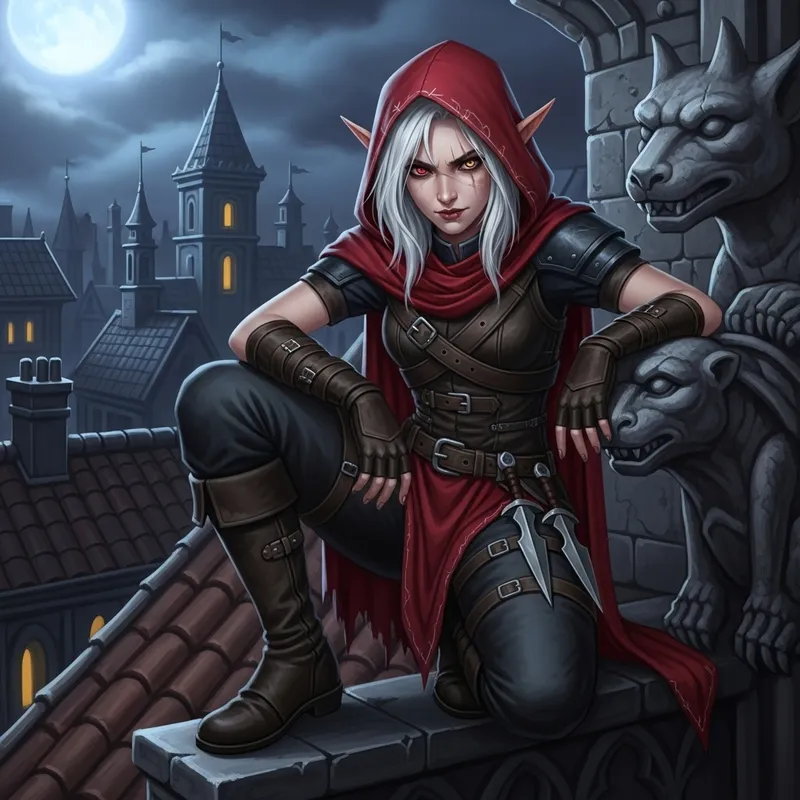 Half-Elf Girl Art: Moonlit Rooftop Shadow Portrait