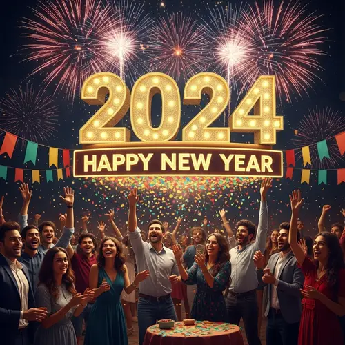 2024 New Year Celebration with People Cheering - Festive Scene