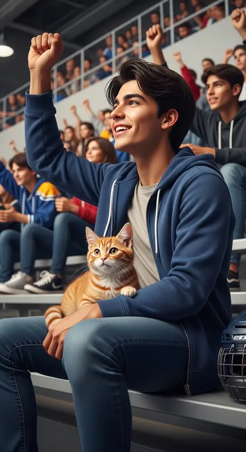 15-Year-Old Boy Watching Hockey Match with Ginger Cat