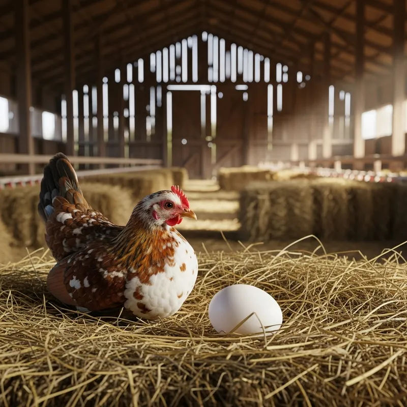 Adorable Mini Chicken Lays Large Egg in Rustic Barn Hay - Country Charm Scene