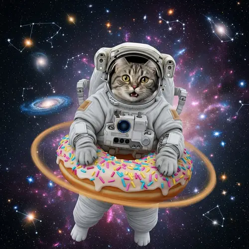 Cat Astronaut Floating in Space on a Glazed Doughnut