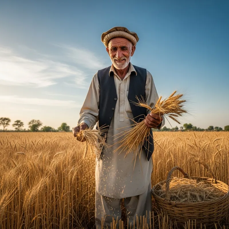 Elderly Pakistani Farmer Harvesting Golden Wheat Crop