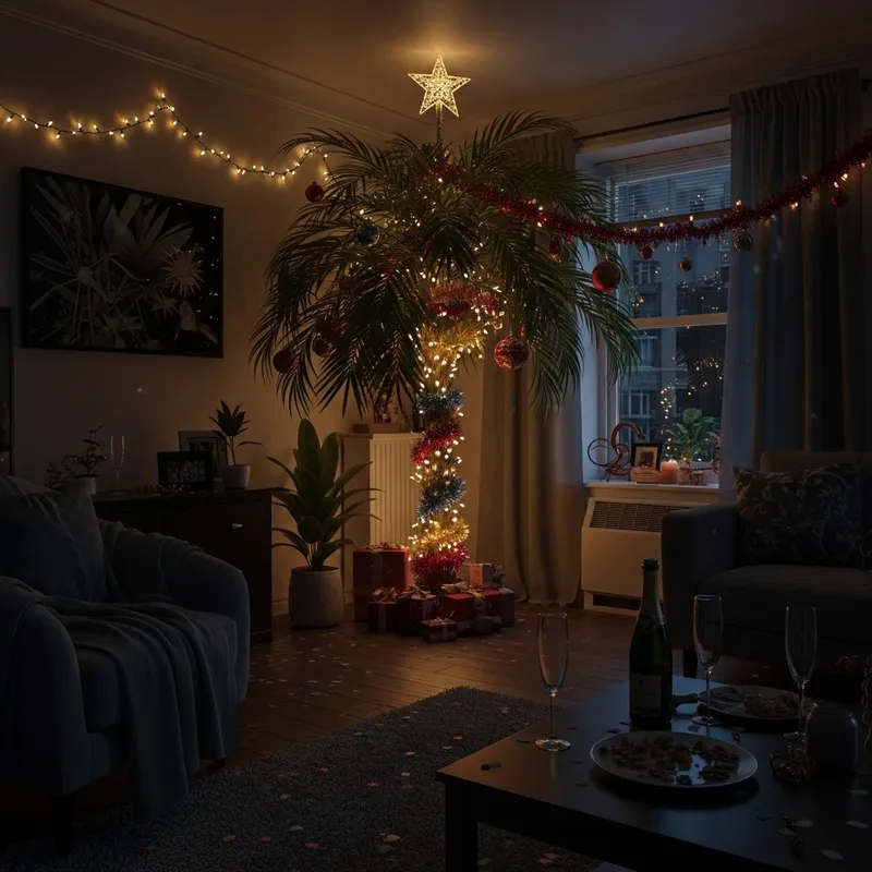 Dark Festive Apartment with Palm Tree Decor
