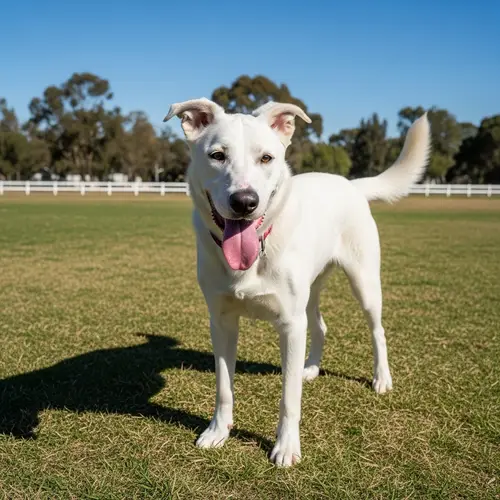 Medium White Dog in Grassy Field | Sunny Day Playful Pup