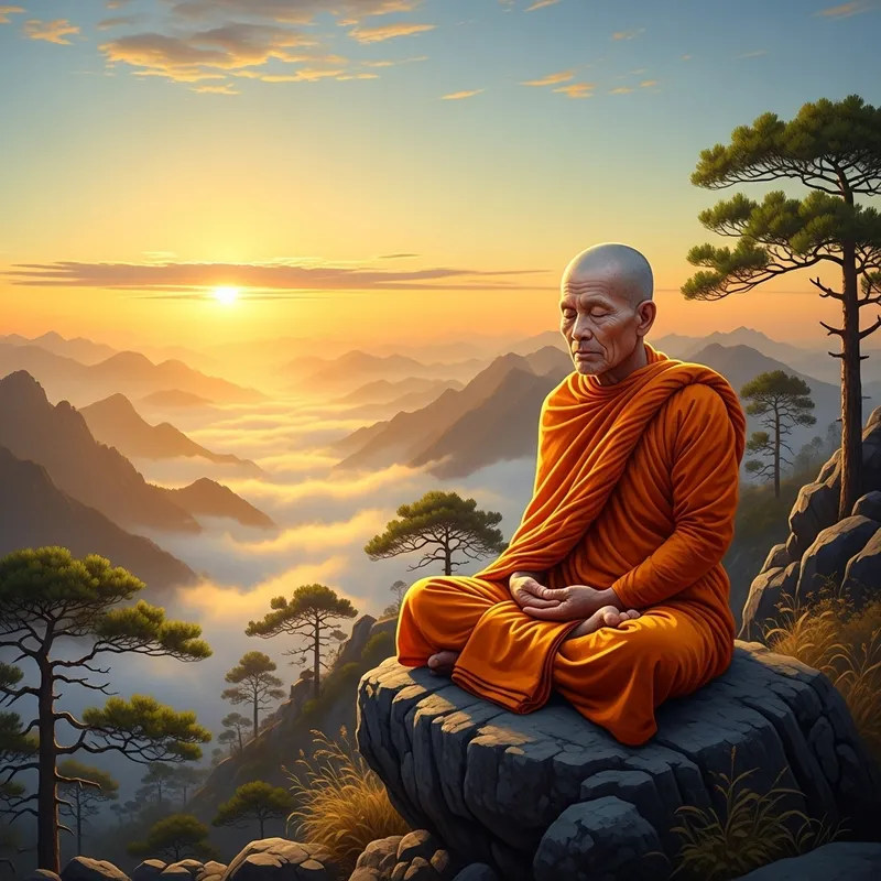 Serene Monk Meditating on Mountain Top at Sunrise