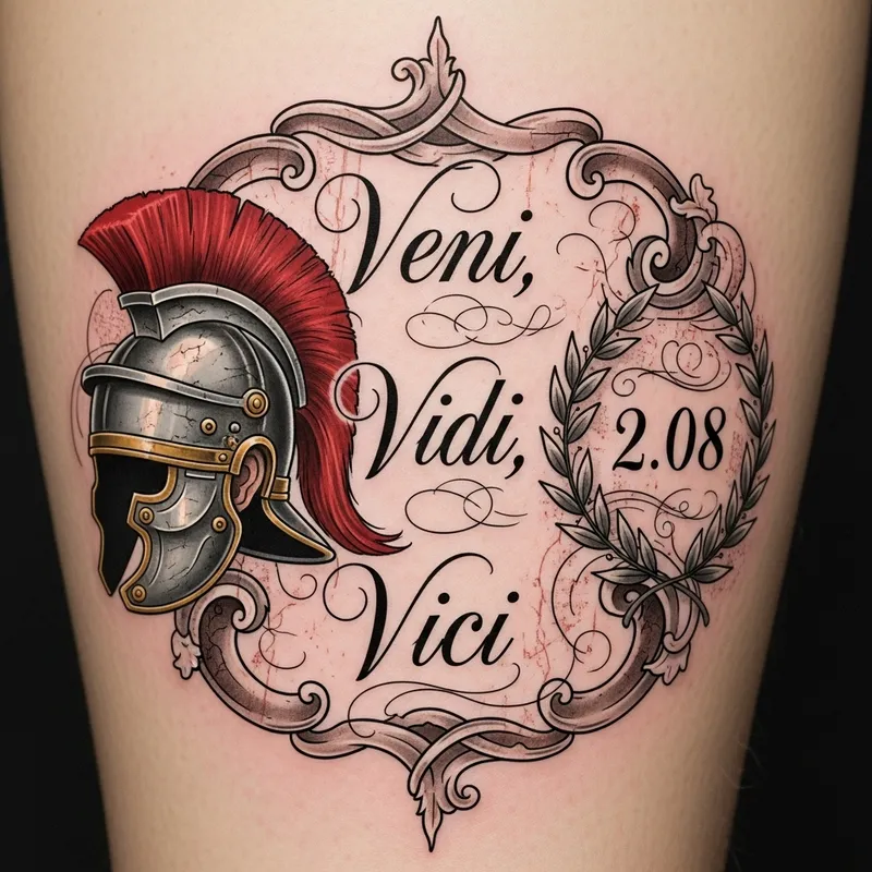 Intricate Tattoo Design with 'Veni Vidi Vici' Phrase & Roman Motifs
