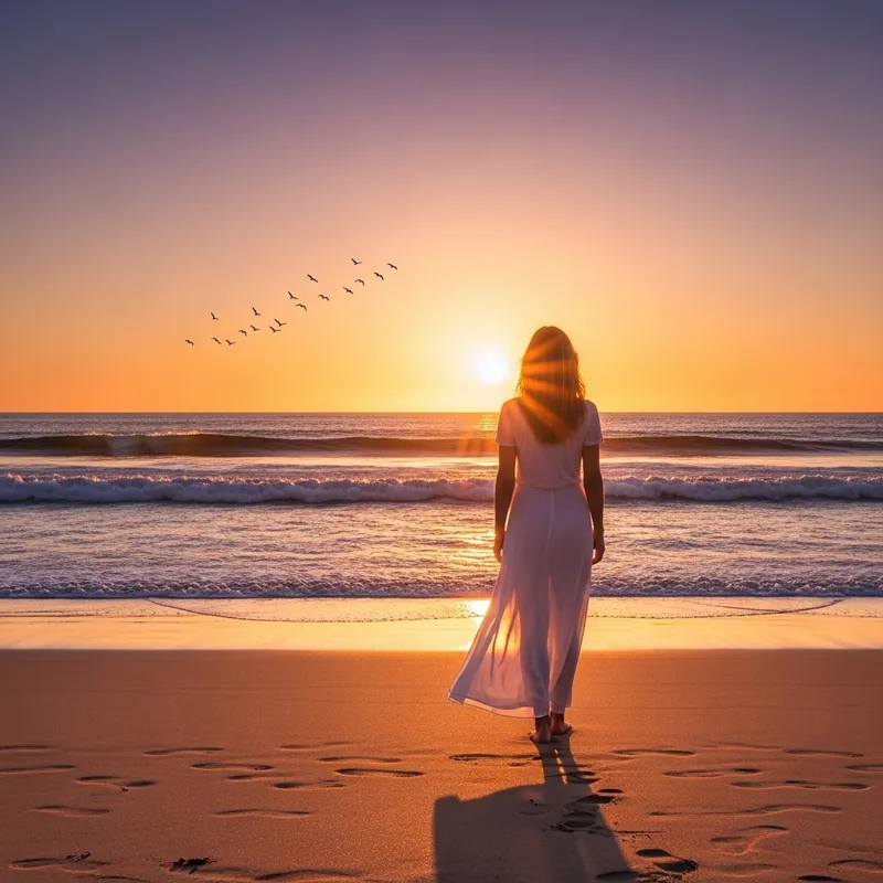 Tranquil Beach Sunset with Back View and Birds by the Sea Tranquil Beach Sunset with Back View and Birds by the Sea