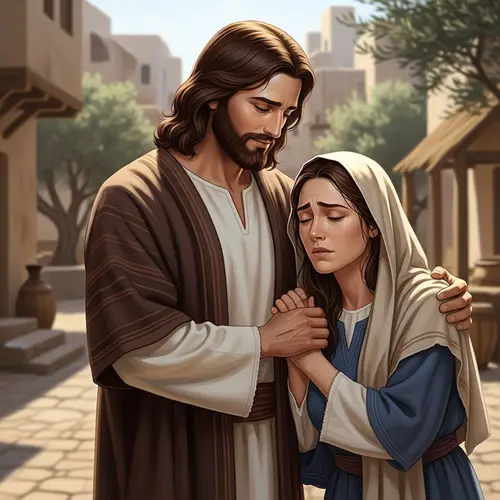 Religious Figure Offering Comfort to Mary Magdalene in Historical Middle-Eastern Setting