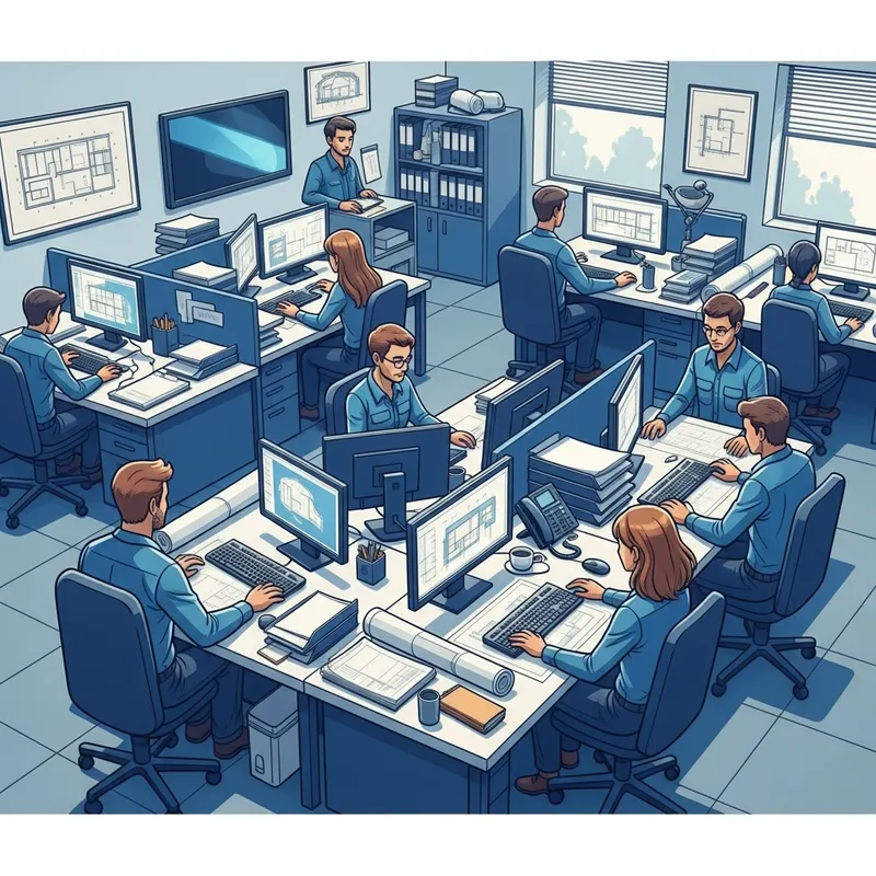 Construction Company Office with Diverse Employees in Blue and White Environment