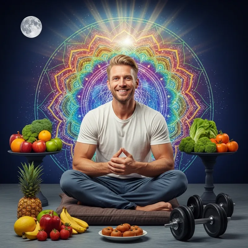 Smiling Strong Caucasian Man with Mandala and Fruit