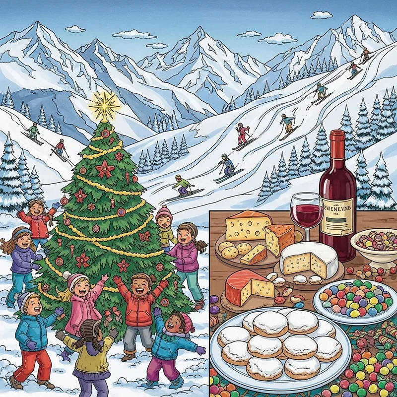 Wintry Mountains with Skiing Kids, Christmas Tree & Festive Treats