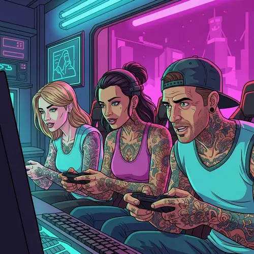 Futuristic Cyberpunk Scene with Intense Gamers in Vibrant Neon Colors