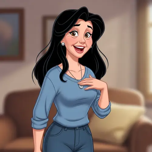 Classic Animated Style: 50-Year-Old Woman with Long Black Hair and Brown Eyes