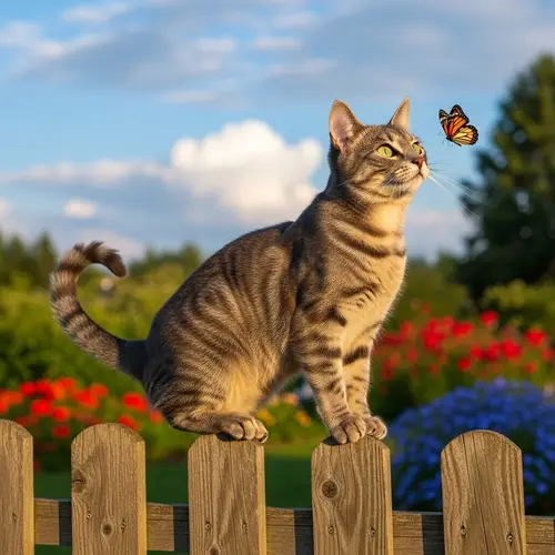 Striking Emerald-Green Eyed Grey Tabby Cat on Rustic Fence