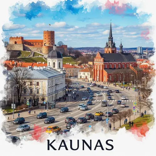 Kaunas Cityscape: Watercolor Painting of Landmarks & River Confluence
