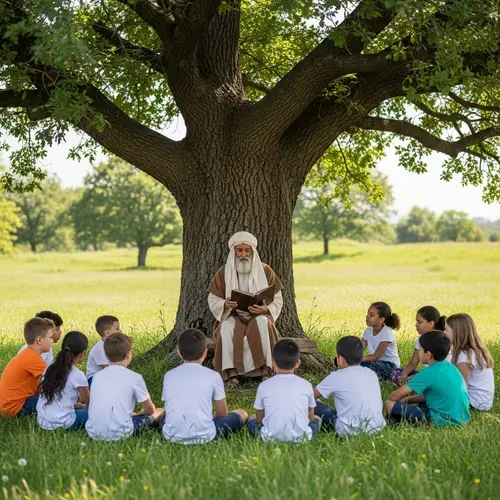 Middle Eastern Male Saint Teaching Diverse Youth Under Ancient Oak Tree