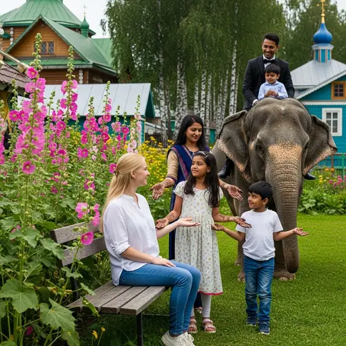 Blonde Slavic Girl and Indian Family Unite in Picturesque Russian Setting