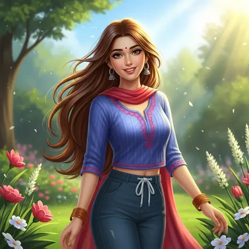 Captivating South Asian Girl in Serene Flower Garden
