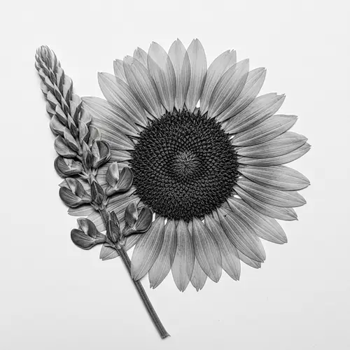 Monochrome Pressed Flower: Sunflower, Salvia, Lupinus Chimera