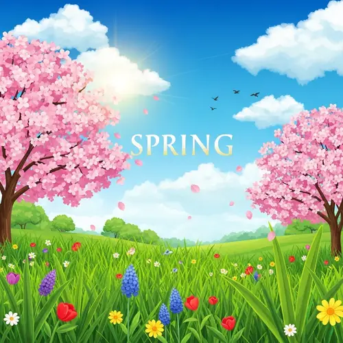 Vibrant Spring Landscape with Cherry Blossoms and Blue Sky