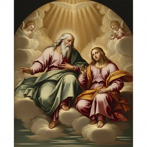 Renaissance Style Oil Painting Depicting Divine Figure and Son