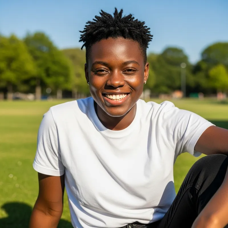 Expressive Black Individual Smiling in Green Park | Website Name