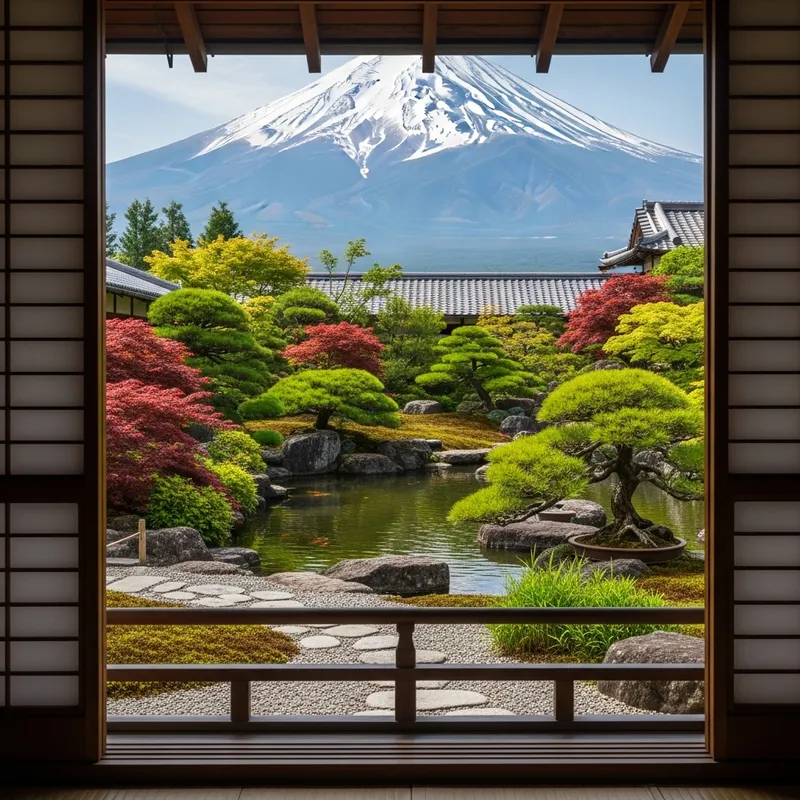 Japanese Garden Landscape - Tranquil View Through Window Frame