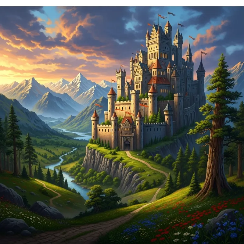Fantasy Painting of Majestic Medieval Castle in Lush Green Landscape