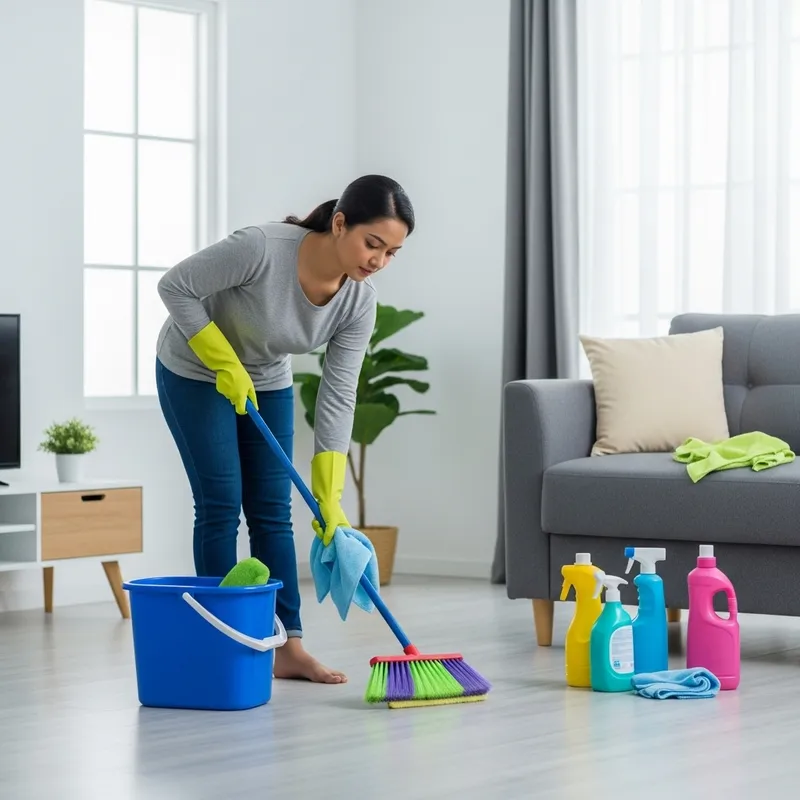 Indonesian Housewife Organizing with her Cleaning Tools
