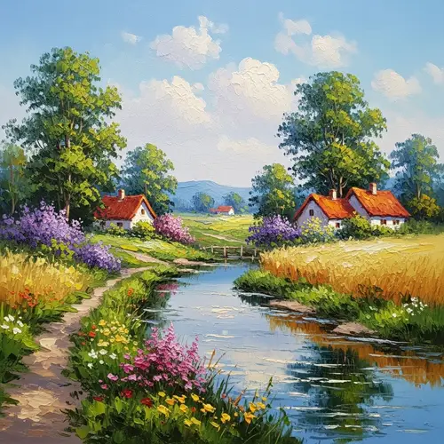 Impressionist Oil Painting of Tranquil Rural Scene