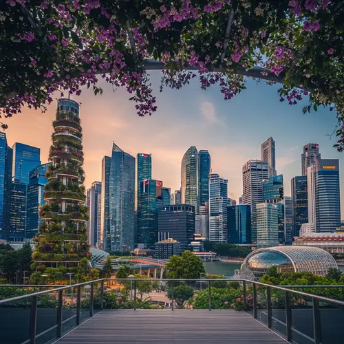 Singapore's Futuristic Skyline Under Vibrant Blooms