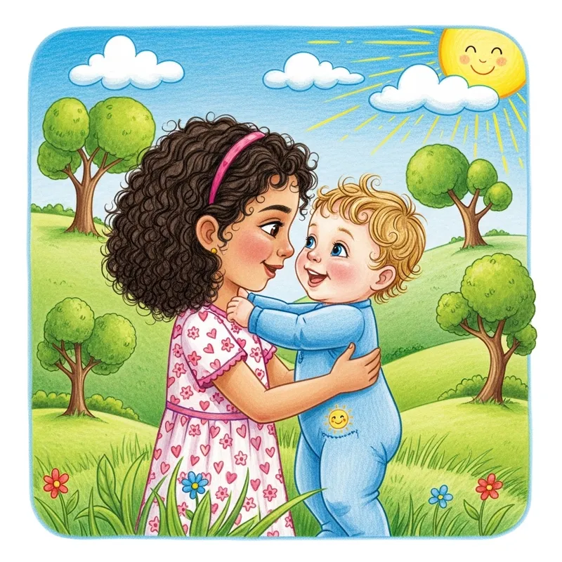Heartwarming Children's Book Illustration: Young Girl and Baby Boy in Colorful Embrace Heartwarming Children's Book Illustration: Young Girl and Baby Boy in Colorful Embrace