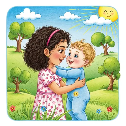 Heartwarming Children's Book Scene: Middle-Eastern Girl and Caucasian Baby Boy Embracing