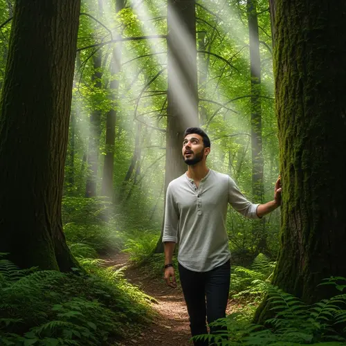 Enchanting Forest Exploration: Young Man in Awe of Nature