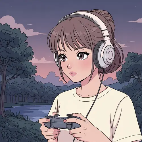 Cute Lo-Fi Girl Character with Headphone and Game Controller in Nature