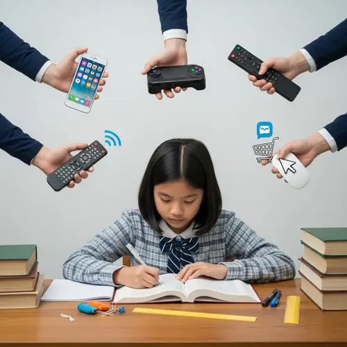 Asian Girl Focused on Studies Surrounded by Modern Distractions