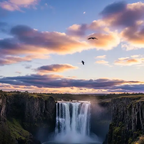 Panoramic Sky Nature Scene with Bird and Waterfall