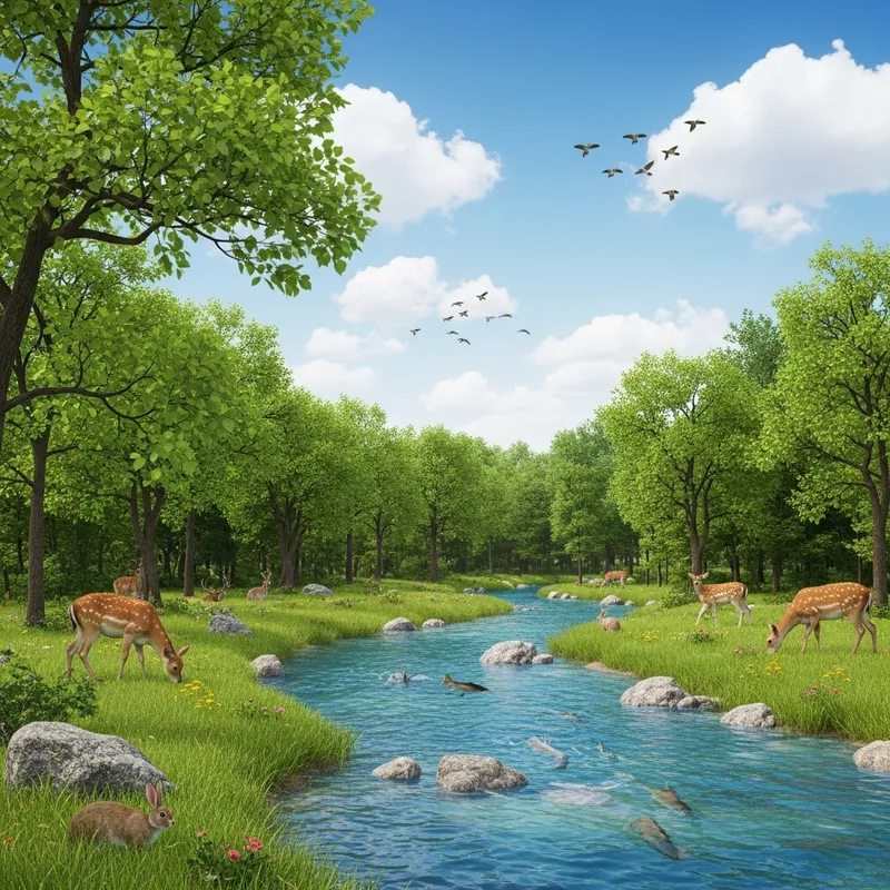 Tranquil Clean Ecosystem with Diverse Flora and Wildlife