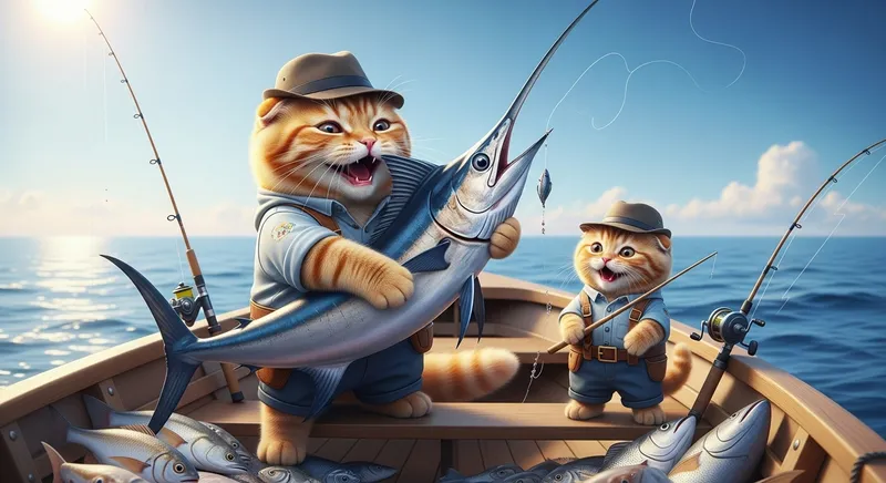 Aesthetic Fishing Scene: Ginger Cats on a Boat with Swordfish