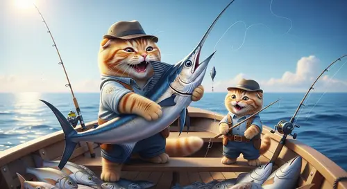 Ginger Scottish Cats Fishing in a Boat | Realistic & Aesthetic Scene