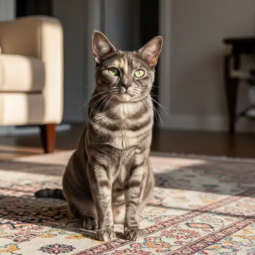 Glossy Manx Cat on Cozy Rug in Elegant Indoor Setting