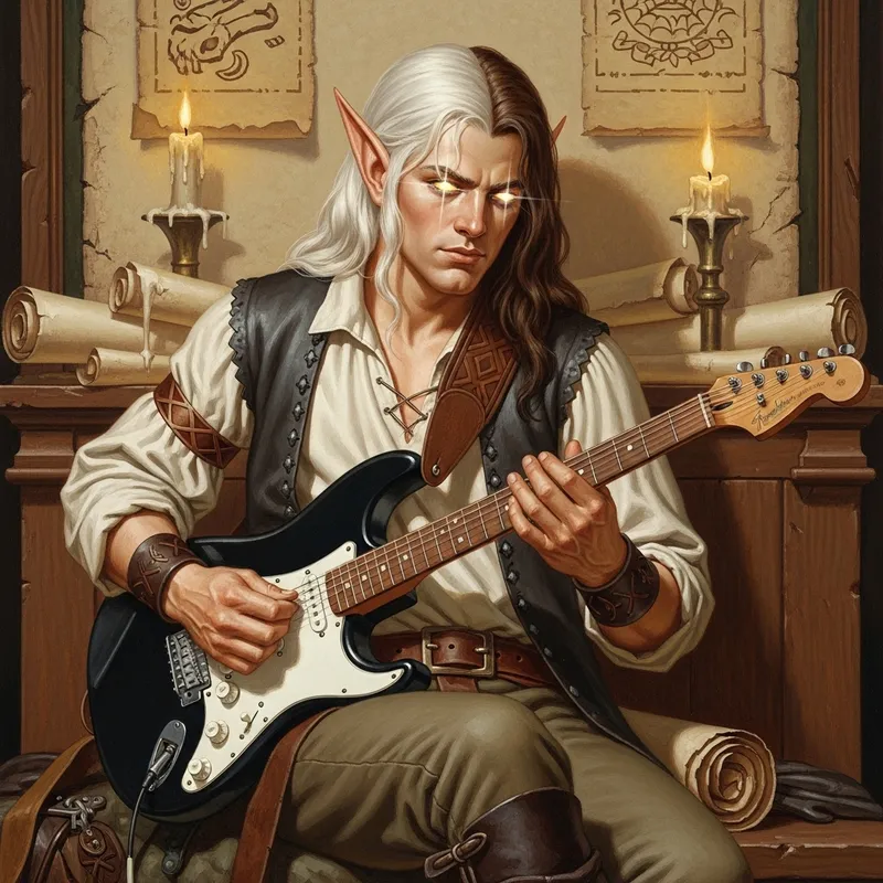 Half-Elf Bard with Black Fender Stratocaster - Magical Fantasy Art