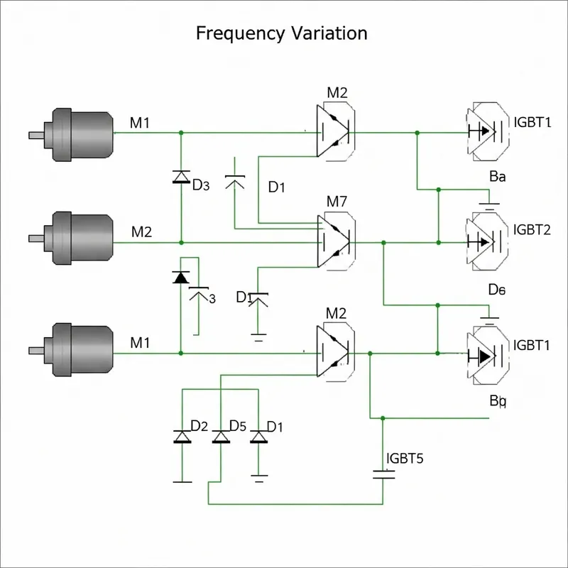 Variable Frequency Circuit with 3 Motors, 6 Diodes, 6 IGBTs