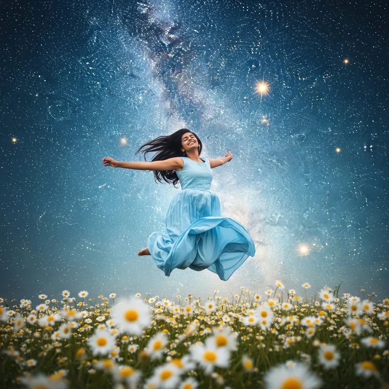 Happy Person in Starry Night with Daisies